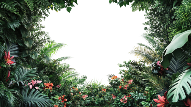 A secluded tropical forest with dense fern trees forming a frame on a transparent background. PNG