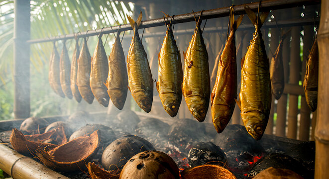 Filipino Tinapa. golden-brown smoked mackerel fillets hanging over smoldering coconut husks, aromatic tuyo smoke, traditional bamboo smoking shed 
