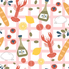 cute hand drawn colorful seamless vector pattern illustration with lobster, tomatoes, lemon, bread, olives, oil, mozzarella on pink striped background