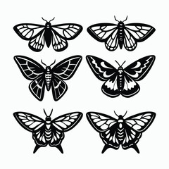 Black and White Moth Vector Set – Stylized Butterfly Insects with Decorative Wings, Silhouette Nature Illustrations, Tattoo Art, and Entomology-Inspired Designs