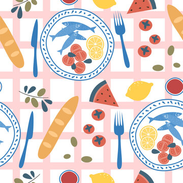 cute hand drawn colorful seamless vector pattern illustration with plates with sardine, tomatoes, lemon, bread, olives, watermelon slice, wine on pink striped background