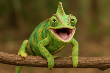 Fototapeta premium A vibrant green chameleon with its mouth open wide, showcasing its unique spiral horns, poised on a branch in a lush forest