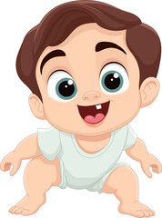 Cartoon baby in a white onesie with a big smile, crawling with excitement.