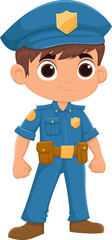 Cartoon of a child dressed in a blue police officer uniform and cap smiling.