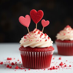Delicious red velvet cupcake topped with creamy frosting and heart-shaped decorations for a festive occasion.