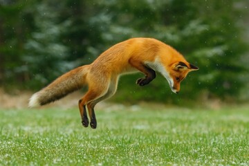 Obraz premium A Red Fox in Mid-Air Over a Snowy Meadow