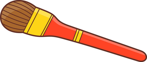 A colorful makeup brush with brown bristles and a red handle on black background