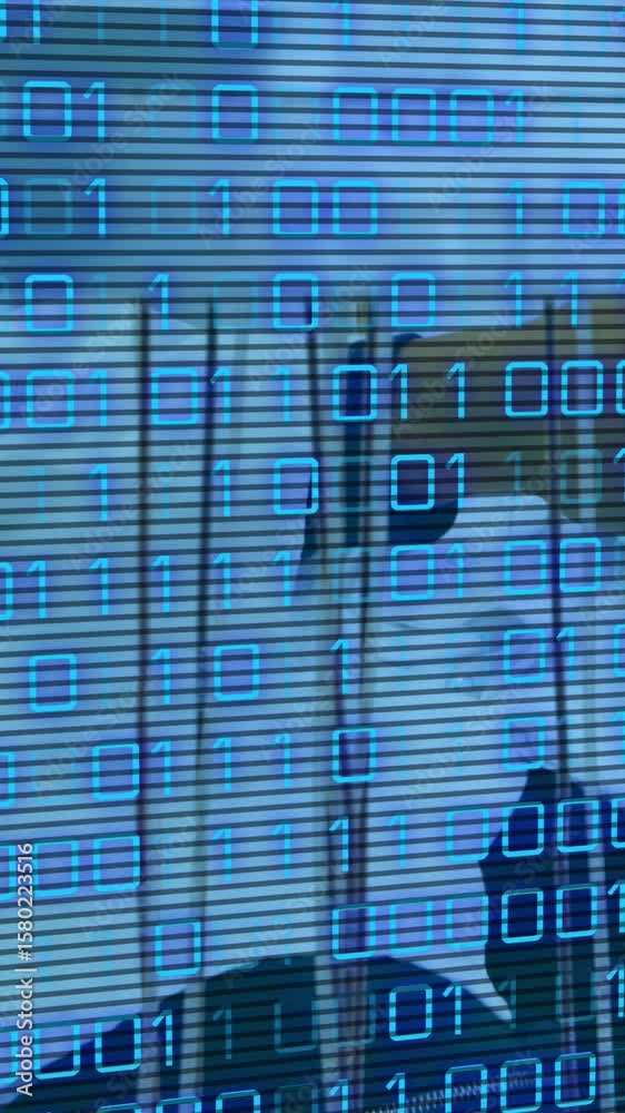 Poster animation of binary code over hands of lab workers