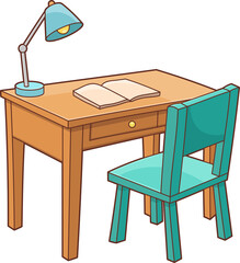 Illustrated desk scene with a chair, lamp, and book for study or work.