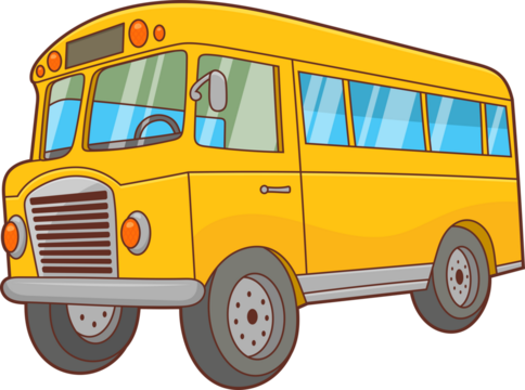 Cartoon style yellow bus with grey wheels, ready for transporting students.