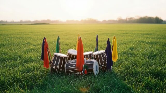 Rhythmic Harmony: Drums in a Verdant Field