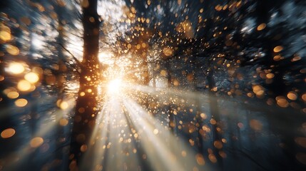 Fototapeta premium Abstract light burst through forest trees with sparkling glitter bokeh