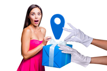 Collage 3d pinup pop sketch image of impressed lady getting gift delivery isolated blue color...