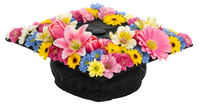 Isolated Floral Graduation Cap with Flower Arrangement on Transparent Background