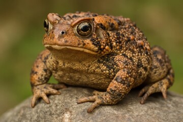 Obraz premium Amidst the tranquil greens of nature, a spotted toad sits poised on a rock, its gaze fixed and alert