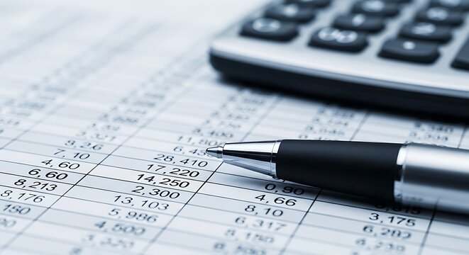 Close-up of financial spreadsheet, calculator, and pen; suggesting accounting or financial analysis.