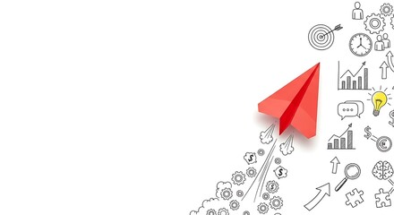 Red paper airplane soaring with business and success-related illustrations.