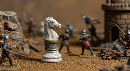 Closeup of a marble chess knight on sandy ground amidst miniature medieval soldiers and ruined structures