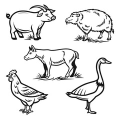 Farm animals like pork, hen, cow, sheep, goat and goose hand drawn vector outline icons. black and white