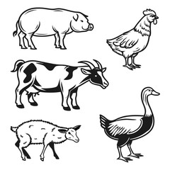 Fototapeta premium Farm animals like pork, hen, cow, sheep, goat and goose hand drawn vector outline icons. black and white