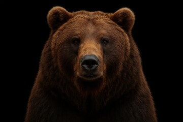Fototapeta premium A solitary brown bear stands against a black backdrop, its eyes reflecting a world unseen
