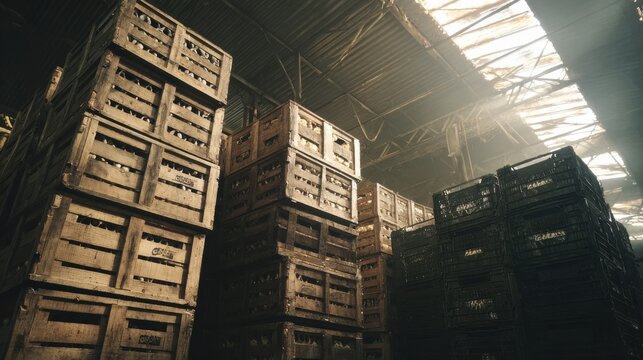 Stacked Wooden Crates in Warehouse