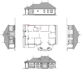 Naklejka premium vector illustration of architectural engineering design site plan layout view facade of classic vintage house building