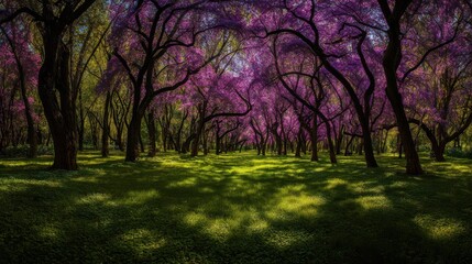 Fototapeta premium Forest with Flowering Trees and Green Grass