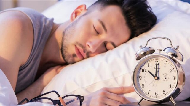 Man sleeping in bed with ringing alarm clock on table