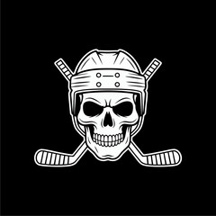 A stylized skull wearing a hockey helmet, with crossed hockey sticks, on a black background.