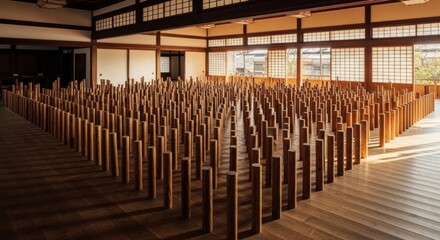 Geometric Arrangement of Wooden Pillars in a Traditional Japanese Hall Bathed in Sunlight