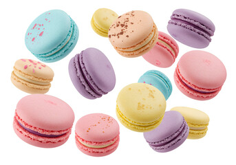 Fototapeta premium Isolated Pastel Macarons Sweet Dessert Colorful French Cookies Background