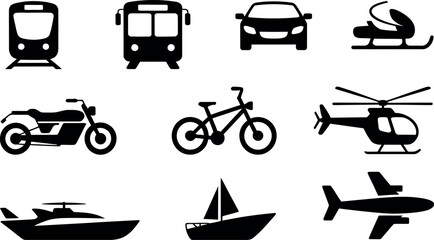 Transportation Icons: Simple Black Glyph Vehicle Symbols Set