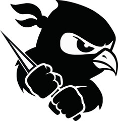 A stylized, black and white graphic of a ninja bird holding a blade.