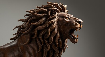 Detailed closeup of a roaring wooden lion sculpture with a flowing mane and amber eyes against a neutral background