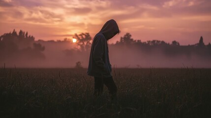 Fototapeta premium Solitary Teenage Boy in Hoodie Walking in Misty Field at Sunset, Symbolizing Sadness or Hope