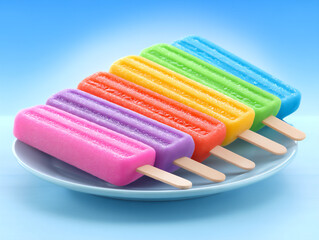 a plate of assorted tropical fruit ice pops with condensation droplets.