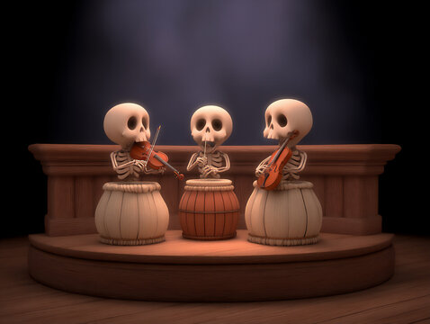 a 3d rendering of metallic skull sculptures playing various musical instruments arranged in an orche