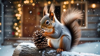 Cute squirrel holding a pine cone, sitting on a snowy log with falling snowflakes and blurred warm lights in the background. Concept of winter wildlife and cozy outdoor scenes.