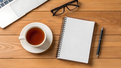 Overhead view of a laptop glasses cup of tea and pen on a wooden desk