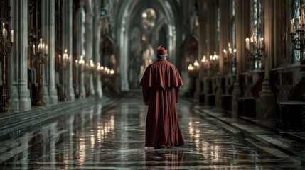Naklejka premium Back view of a cardinal walking down a cathedral aisle 
