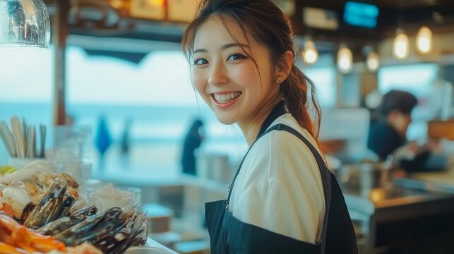 Smiling Young Restaurant Staff in a Seaside Cafe with Fresh Seafood