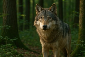 Fototapeta premium A solitary wolf stands guard in the heart of a verdant forest, its piercing gaze reflecting the whispers of nature