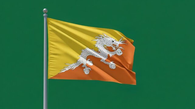 Bhutanese Flag: An eye-level shot capturing the iconic national flag of Bhutan proudly waving in the wind against a clear sky background, symbolizing the country's identity and heritage. 