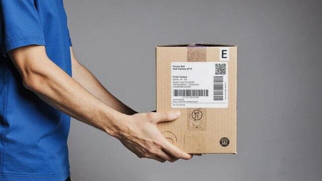 Parcel ready for shipment - Joyful male postman with ordered shopping package. Shipment concept