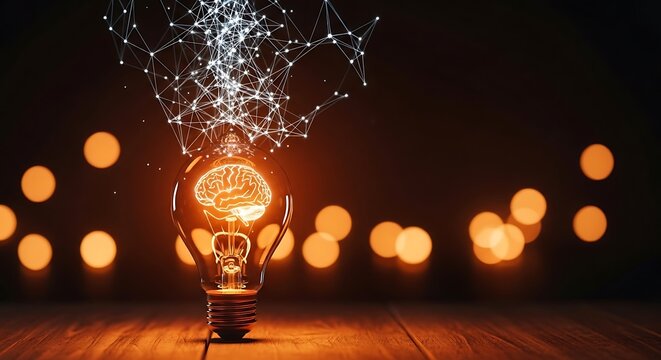 Lightbulb with a brain inside, surrounded by a network of connections, on a wooden surface, with bokeh lights in the background.