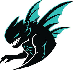 Aggressive, stylized, mythical creature logo with teal accents.
