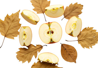 Isolated Photo of Apple Slices and Golden Autumn Leaves on Black