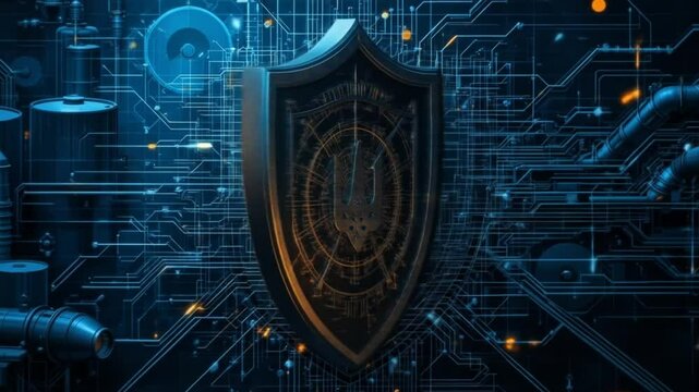 The shields surrounding industrial facilities symbolize the protection of critical infrastructure. 4k video