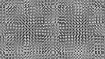 Seamless monochrome pattern featuring concentric circles and curved lines in a repetitive design